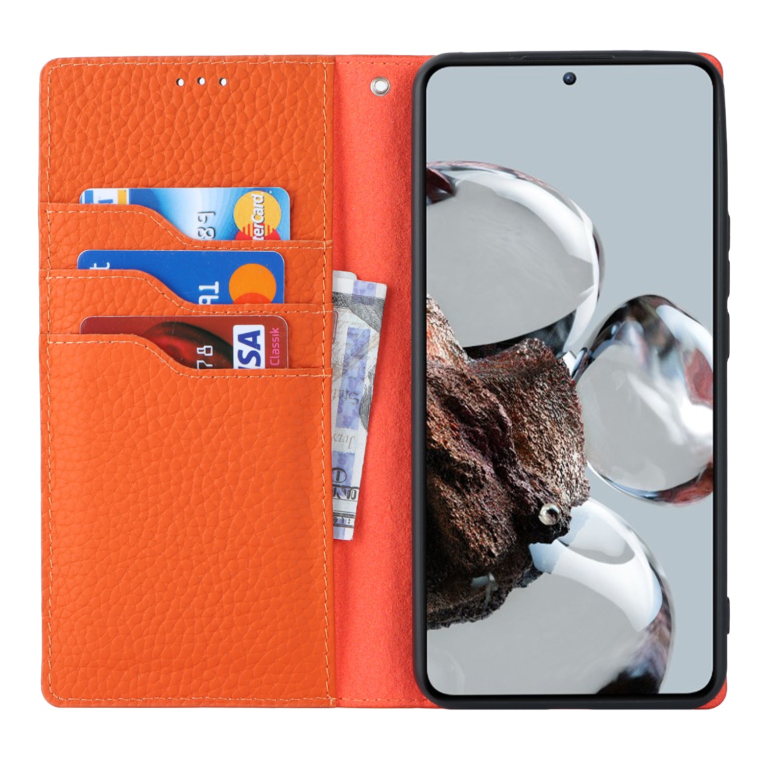 Stand Wallet Cover for Xiaomi 12T 5G / 12T Pro 5G / Redmi K50 Ultra Litchi Texture Genuine Cow Leather Phone Case with Strap - Orange Stand Wallet Cover for Xiaomi 12T 5G / 12T Pro 5G / Redmi K50 Ultra Litchi Texture Genuine Cow Leather Phone Case with Strap - Orange
